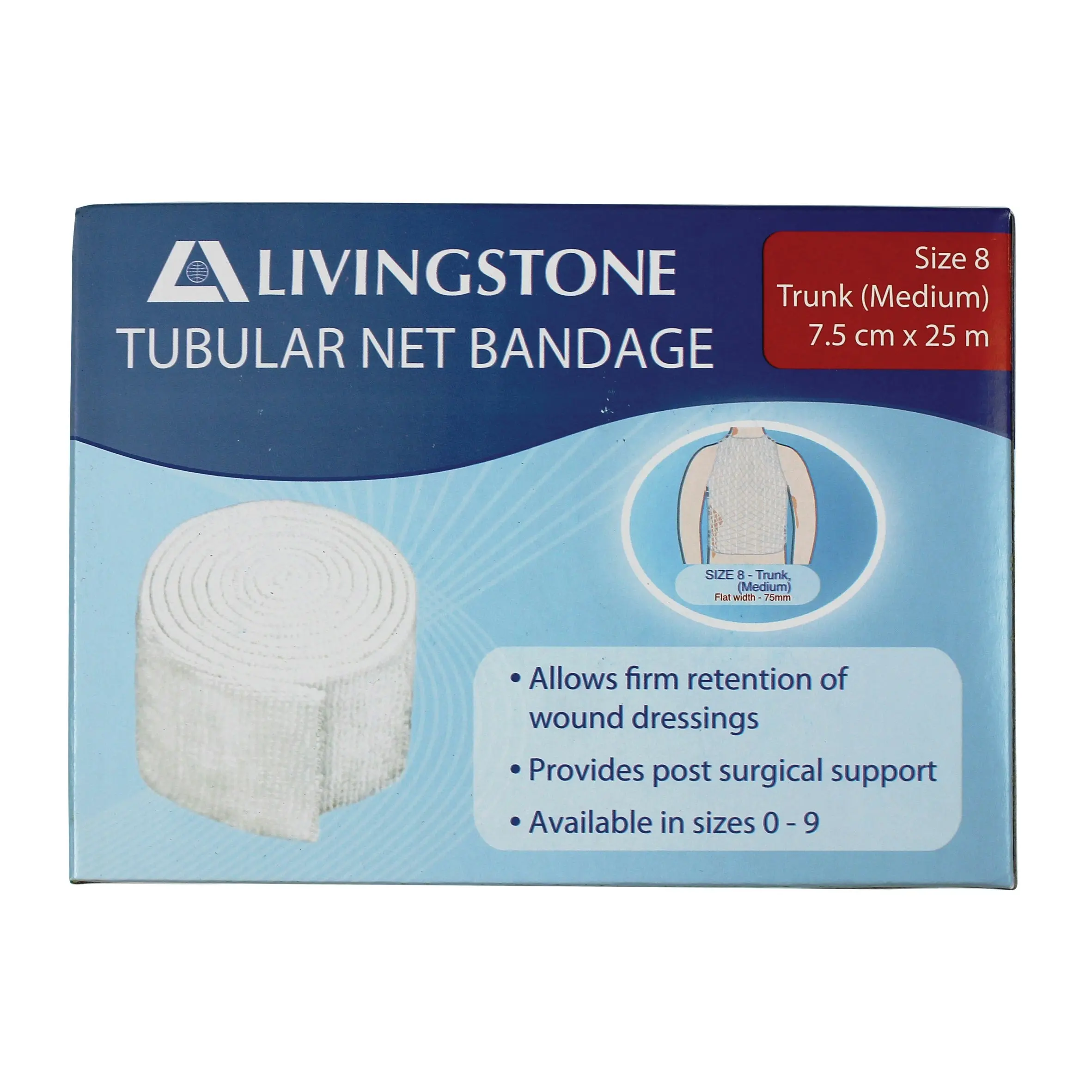 Livingstone Tubular Net Bandage Size K No. 8 Medium Trunk Flat Width 75mm 7.5m (unstretched) 25m (stretched) - Health