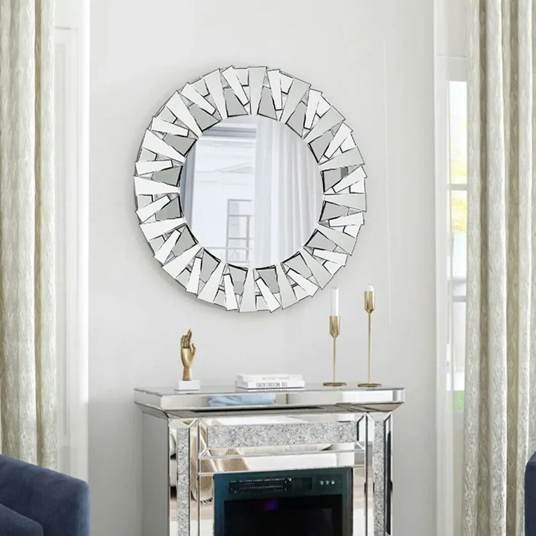 Fin Sunburst Sophisticated Round Wall Mirror Silver Accent Mirror For Hall Entrance - Home & Garden