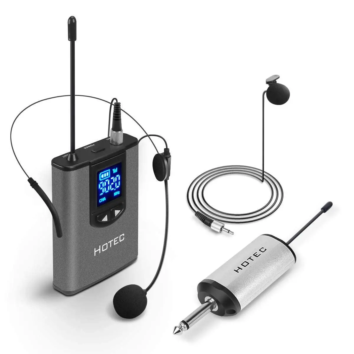 Hotec UHF Wireless Headset Microphone/Lavalier Lapel Mic with Bodypack Transmitter and Mini Rechargeable Receiver 1/4" Output, For Live Performances, - Electronics