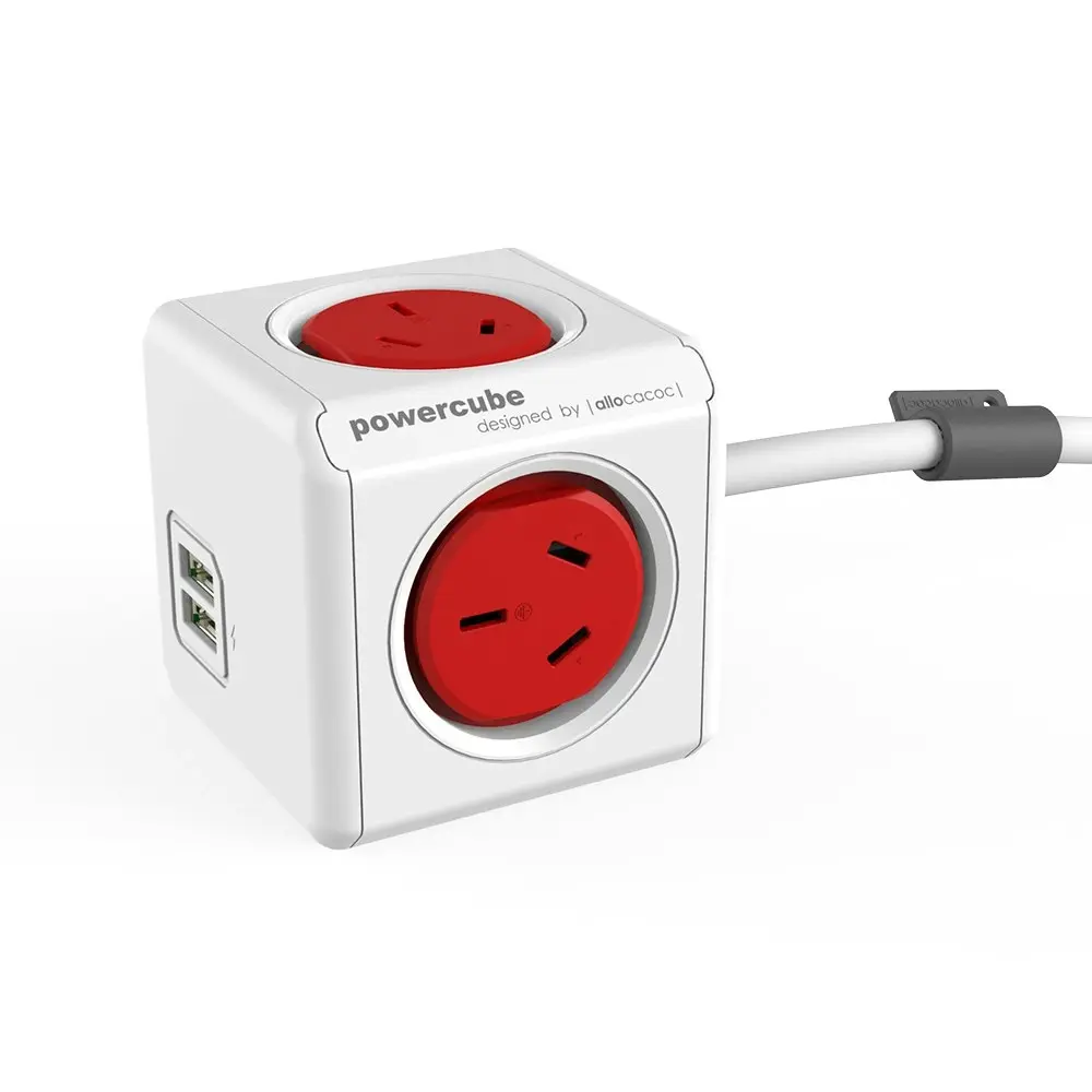 Red PowerCube 4 Socket Mountable Power Board/1.5m Cord/2 USB Charger 240v 2400w - Electronics