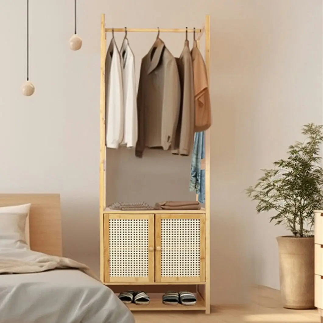 Fin Bamboo Clothing Garment Rack Side Bar Scarfs Hanger Stand Rattan Cabinet Storage - Home & Garden