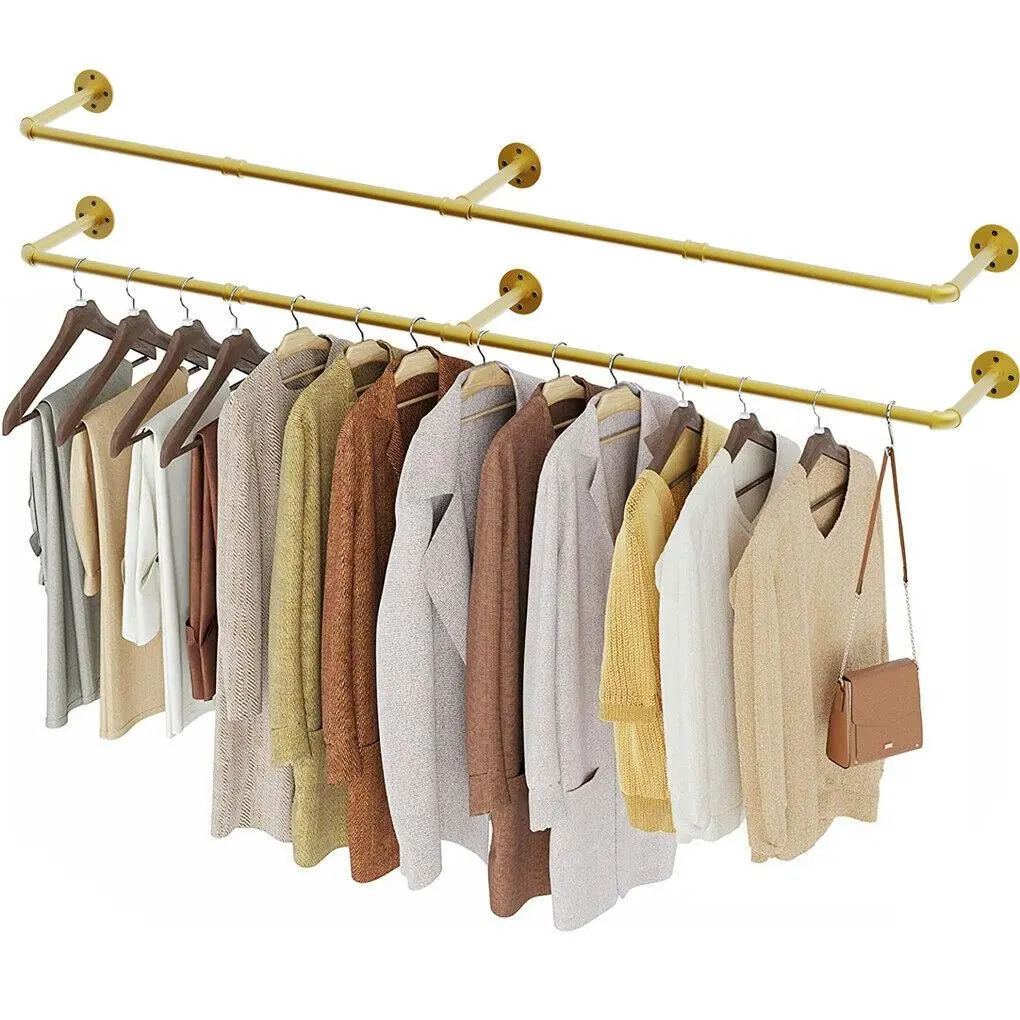 Heavy Duty Clothes Rack Wall Mounted Hanging Garment Rack Gold Metal Closet Rod - Home & Garden