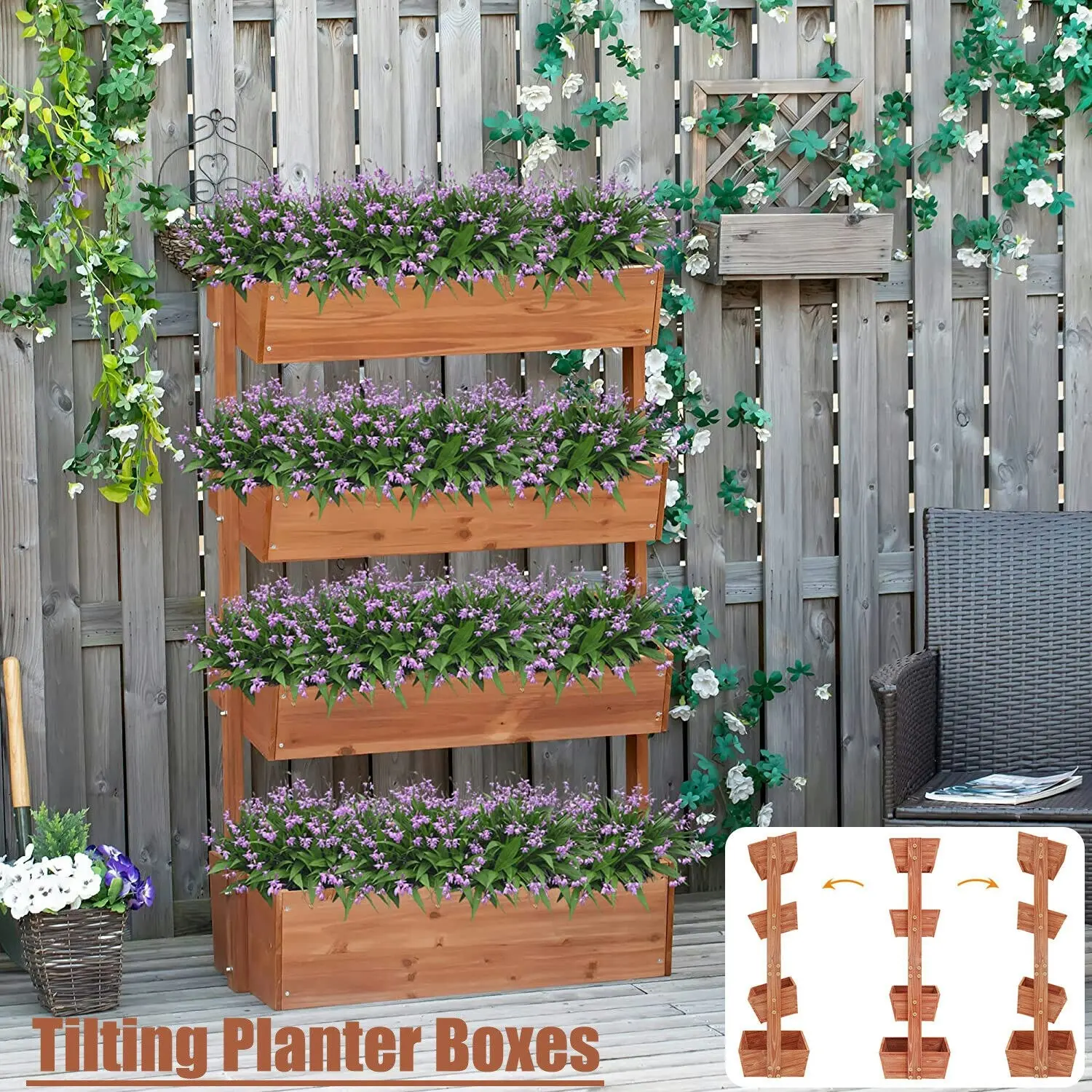 Fin 4-Tier Wood Raised Garden Bed Vertical Flower Pots Rack With Tilt Planter Boxes