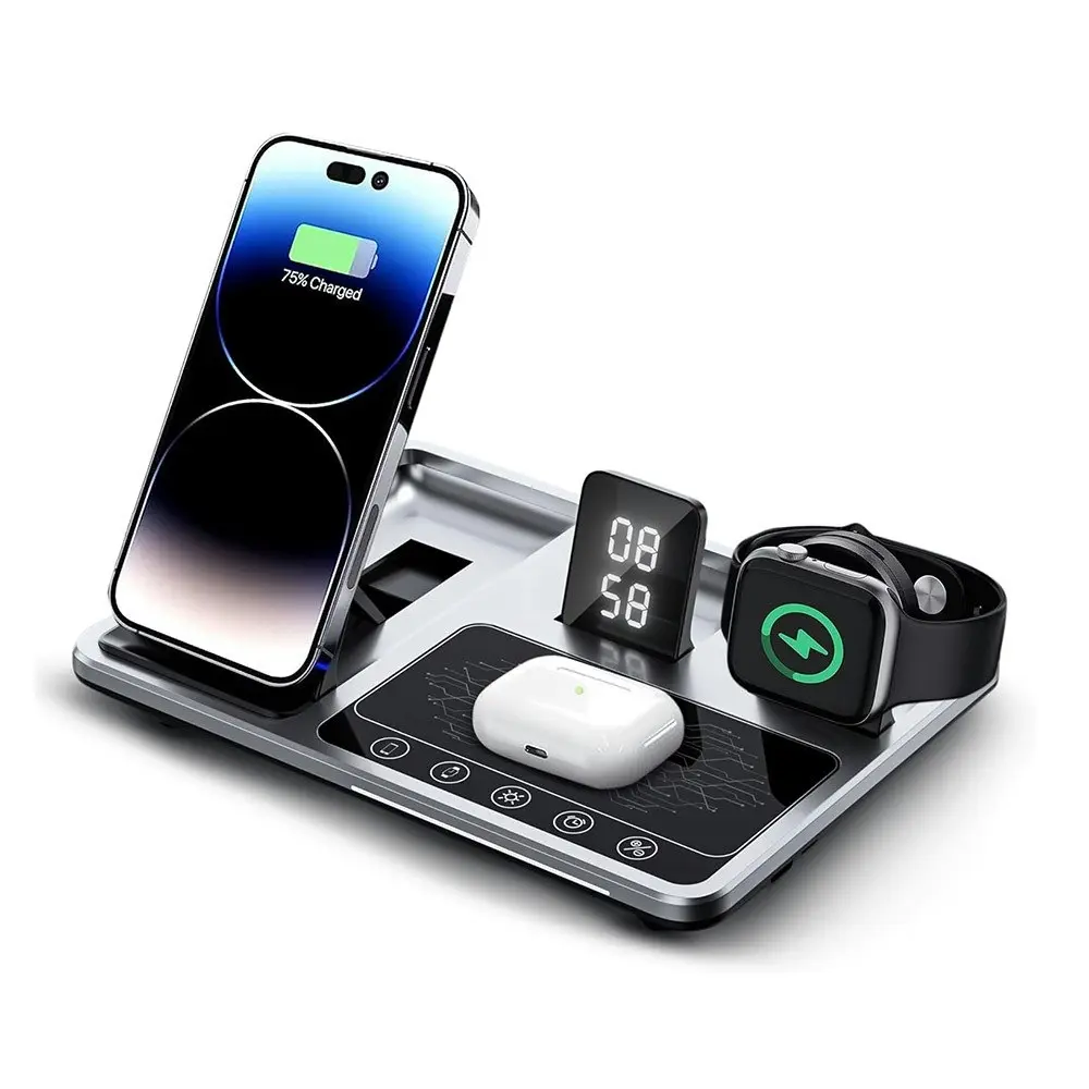 4 in 1 Foldable Wireless Fast Charging Station Compact Alarm Clock Night Light - Electronics