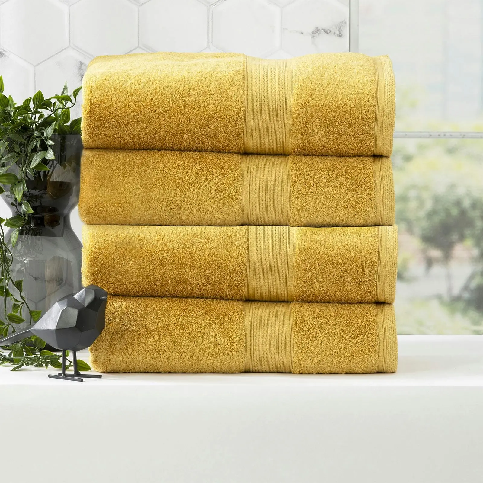 4pc Renee Taylor Stella Bath Towel 140cm Soft Bamboo Cotton 650 GSM Mustard - Home & Garden