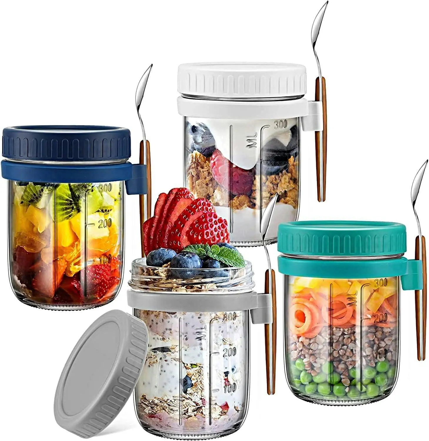 Overnight Oats Jars, Glass Set of 4, Airtight Lids & Spoons, Large Capacity - Home & Garden