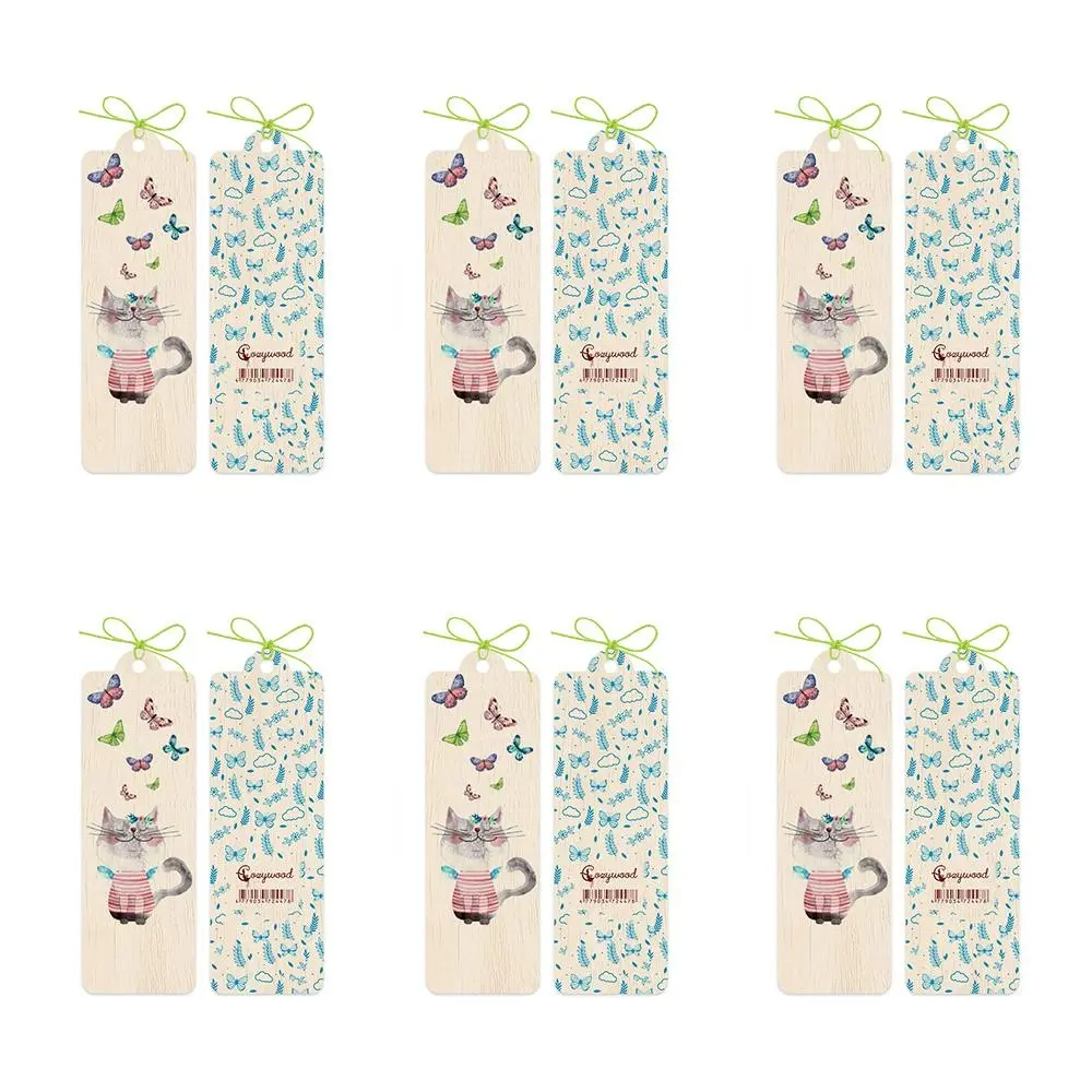 6x Cozywood Wooden Bookmark 4.5x14cm w/ Waxed Ribbon Pussycat and Butterflies - Office