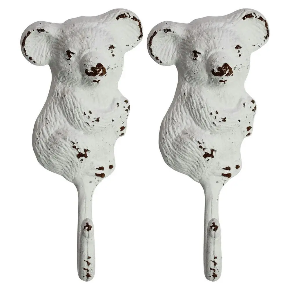 2x Koala Hook Rustic Metal 16cm Wall Hanging Decor Coat Hanger Organiser White - Home & Garden