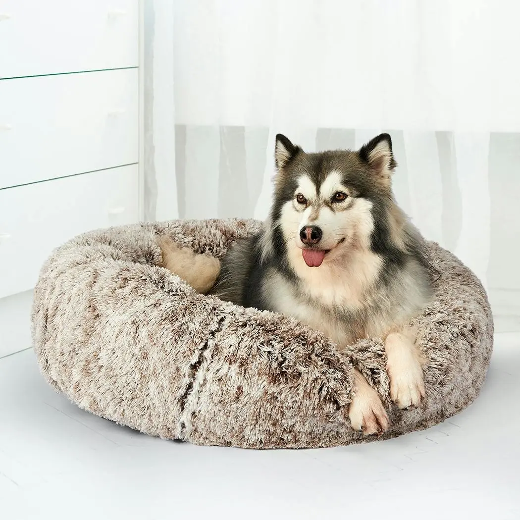Pawz Pet Bed Cat Dog Donut Nest Calming Mat Soft Plush Kennel Brown Size L - Pets