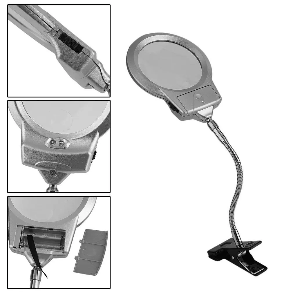 2 Led Desktop Magnifier Glass 2X / 6X Magnification 90Mm Lens Led Lamp Clamp Metal Hose - Hardware