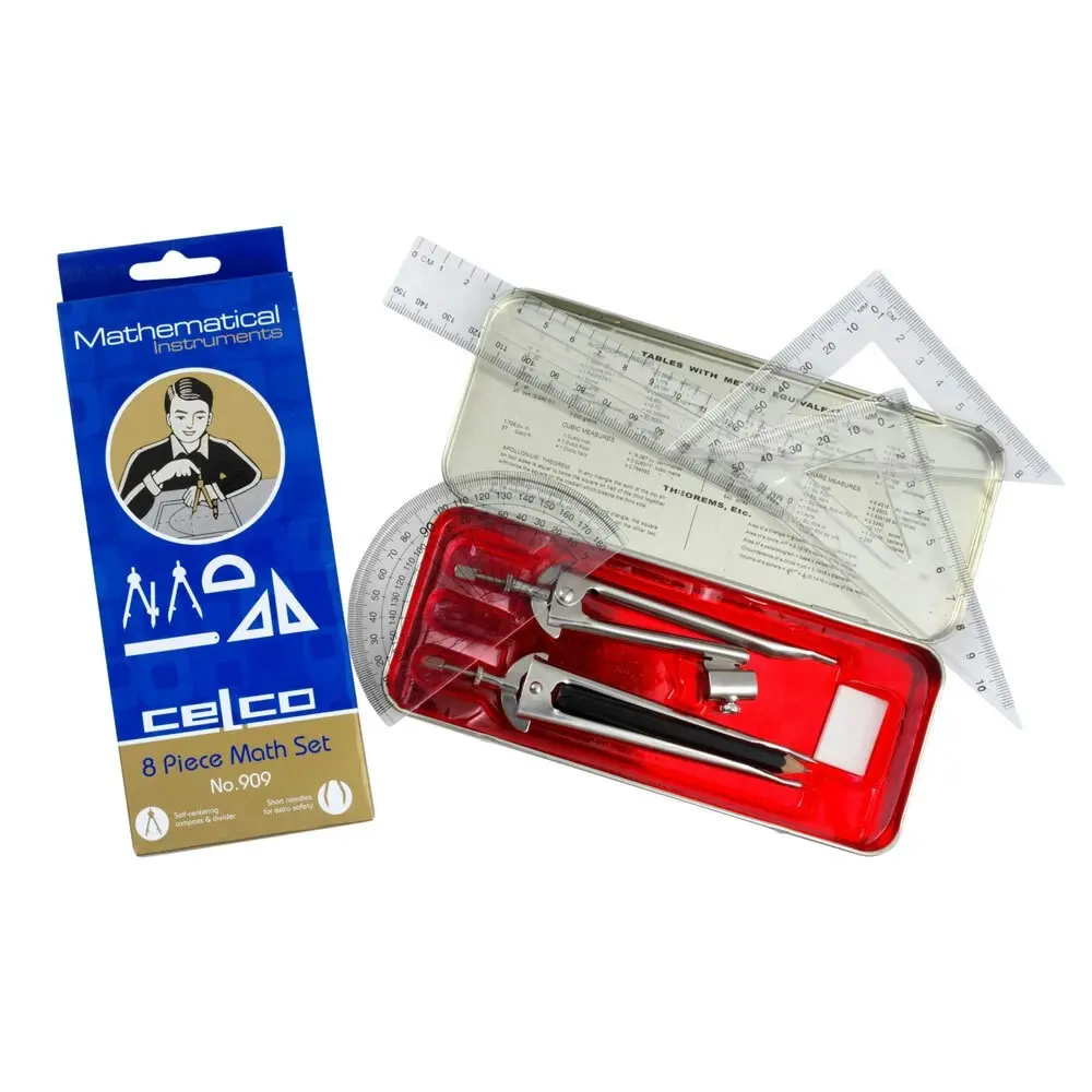 8pc Celco Mathematical Instruments Study Set School/Home Ruler/Protractor w/ Tin - Back to School Specials