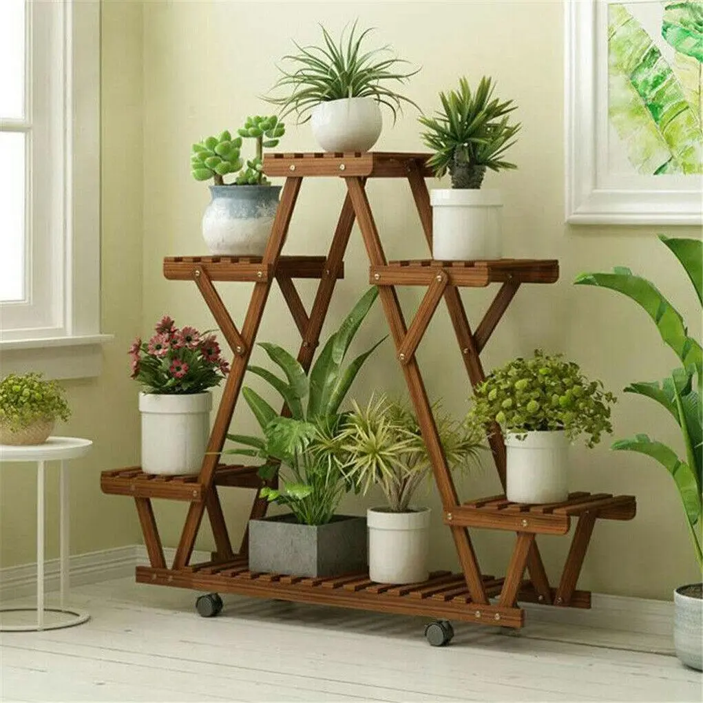 Multilayer Pyramid Plant Stand 4 Wheels Rolling Flower Shelf Rack Corner Balcony - Home & Garden