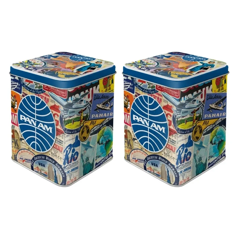 2x Nostalgic Art Tea Tin 7.5x9.5cm Metal Storage Organiser Pan Am Travel Collage - Home & Garden