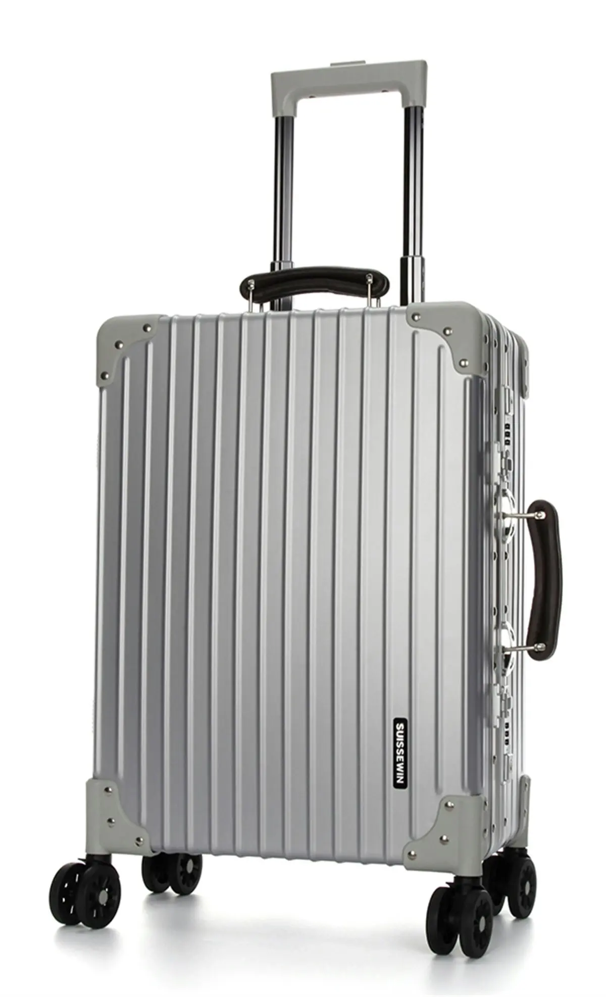 Suissewin Swiss Aluminium Luggage Suitcase Lightweight TSA locker 8 wheels Check In HardCase SN7611B Silver - Fashion