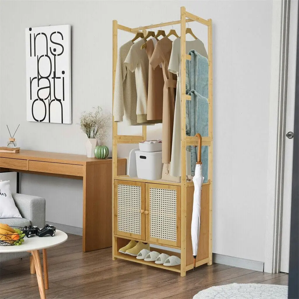 Fin Ultra Tall Bamboo Clothes Rack Open Closet With Cabinet & Shelf & Hanging Rod - Home & Garden