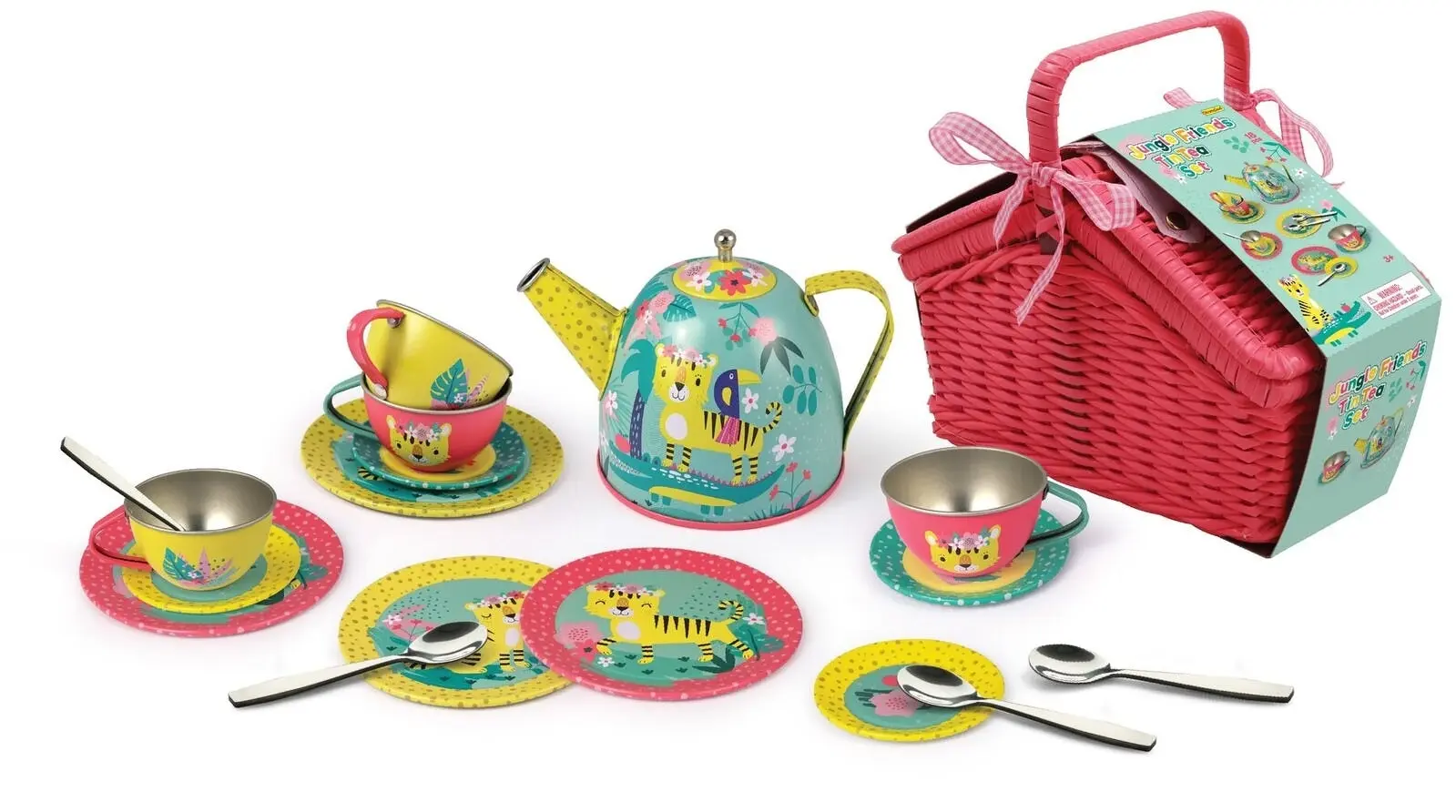 18pcs Kaper Kidz Tiger Themed Kids Pretend Play Tin Tea Set In Picnic Basket 3y+ - Toys & Games