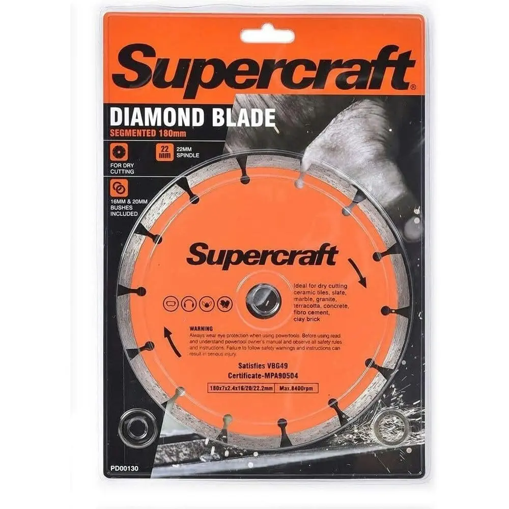 Supercraft Dry Cutting 180mm Diamond Blade Segmented Rim For 22mm Spindle - Hardware