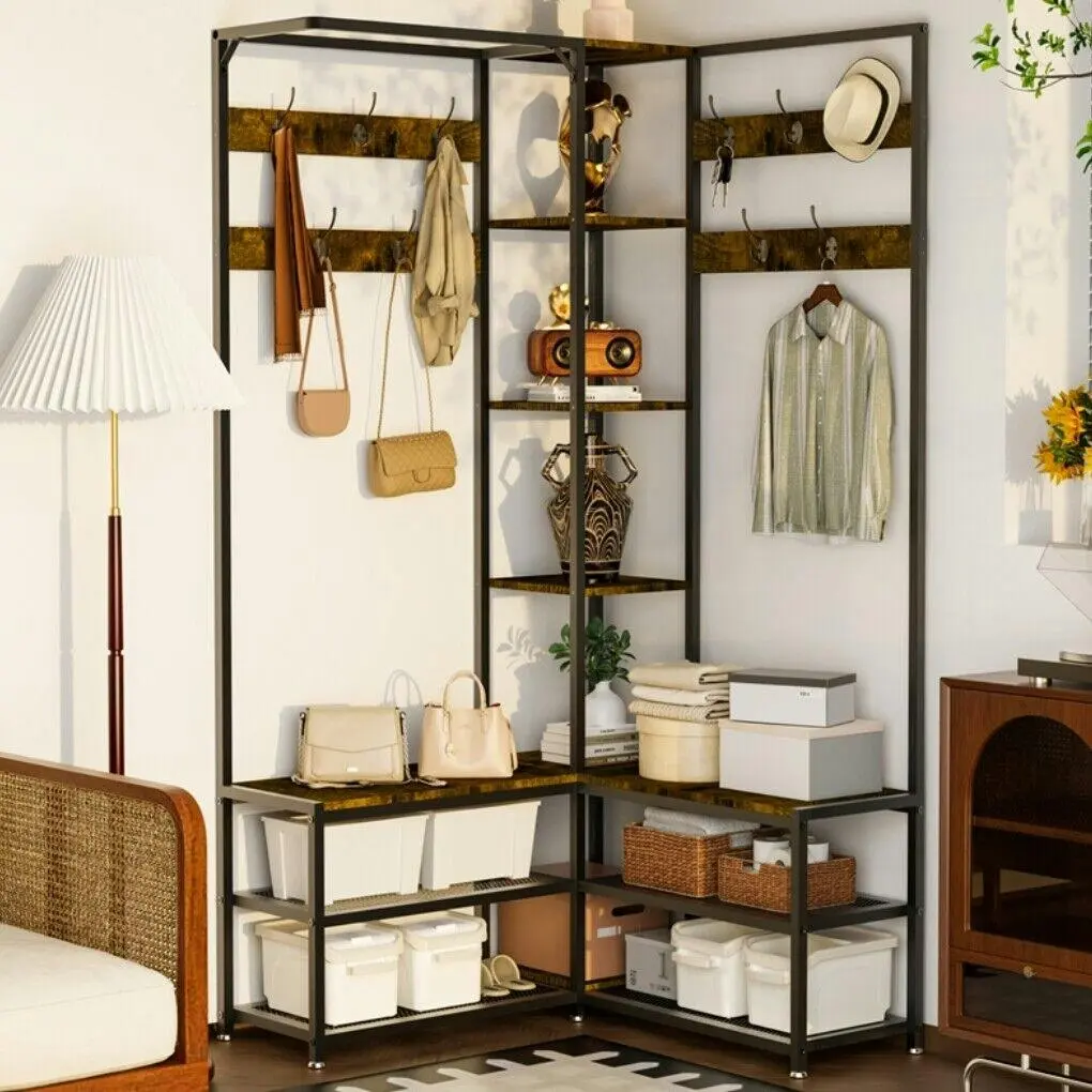 Fin Oversize Coat Rack Stand Hall Tree W/ Shoe Storage Industrial Entryway Furniture - Home & Garden