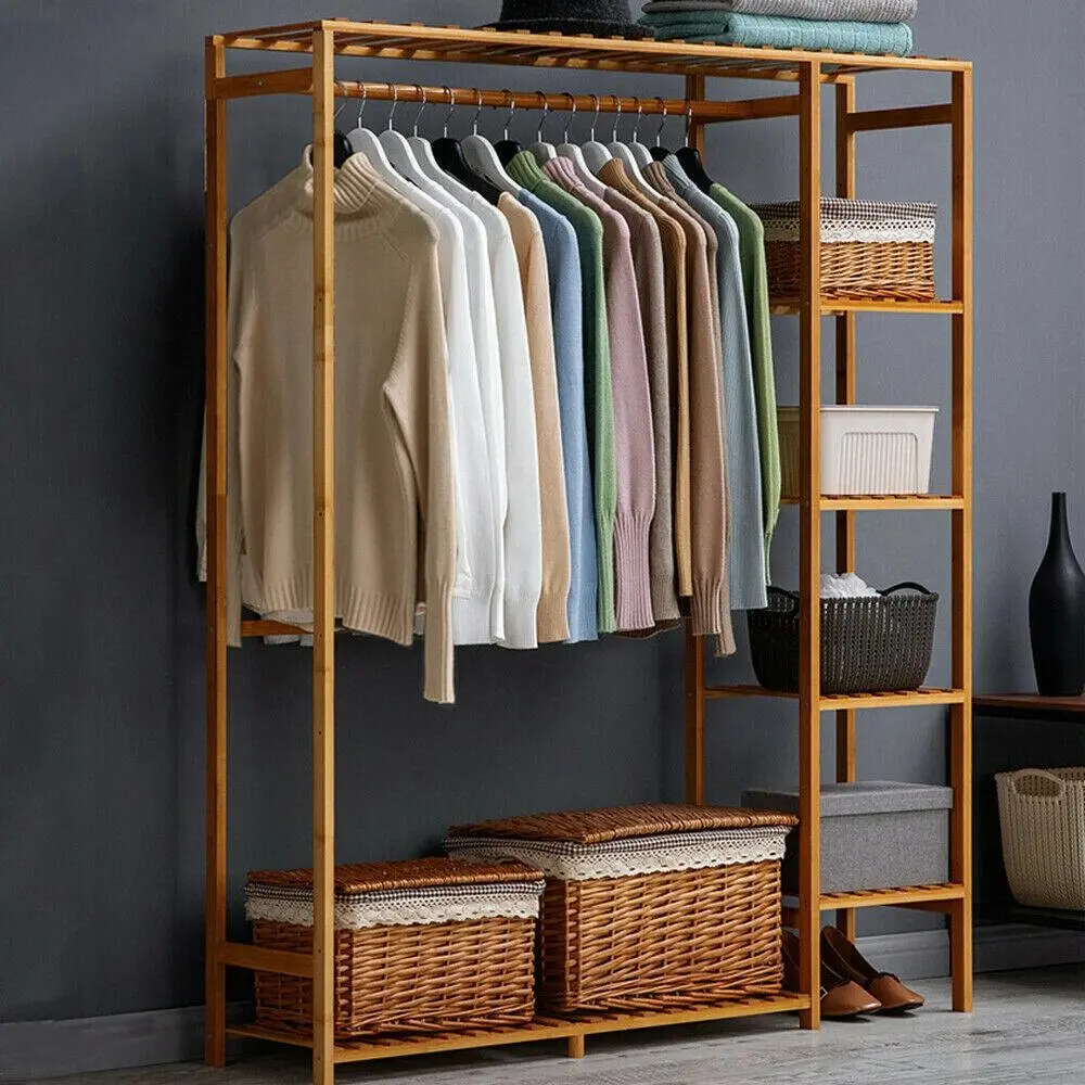 Fin Extra Large Garment Rack Solid Bamboo Clothes Wardrobe Clothing Organizer Shelve - Home & Garden