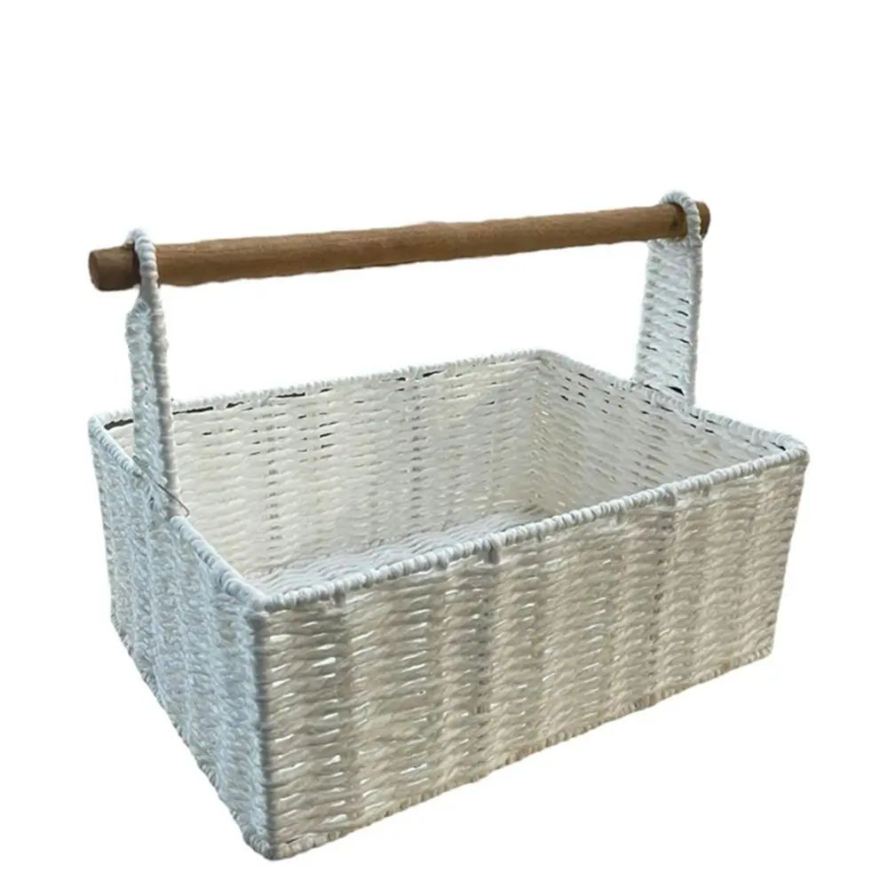 Maine & Crawford Cercy Paper Rope 30cm Organiser Basket w/ Wood Handle White - Home & Garden