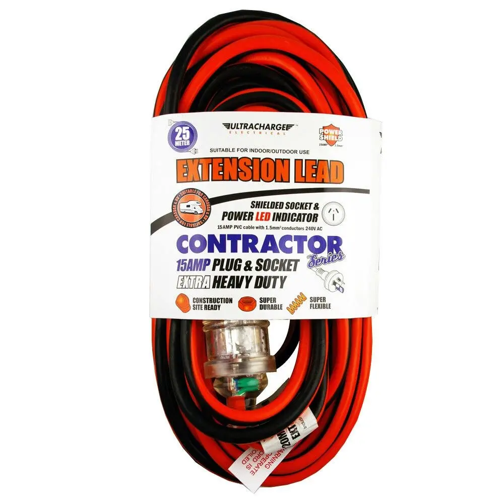 UltraCharge 25m Extension Lead Cable 15A 240V Heavy Duty Cord Plug/Socket Red - Electronics