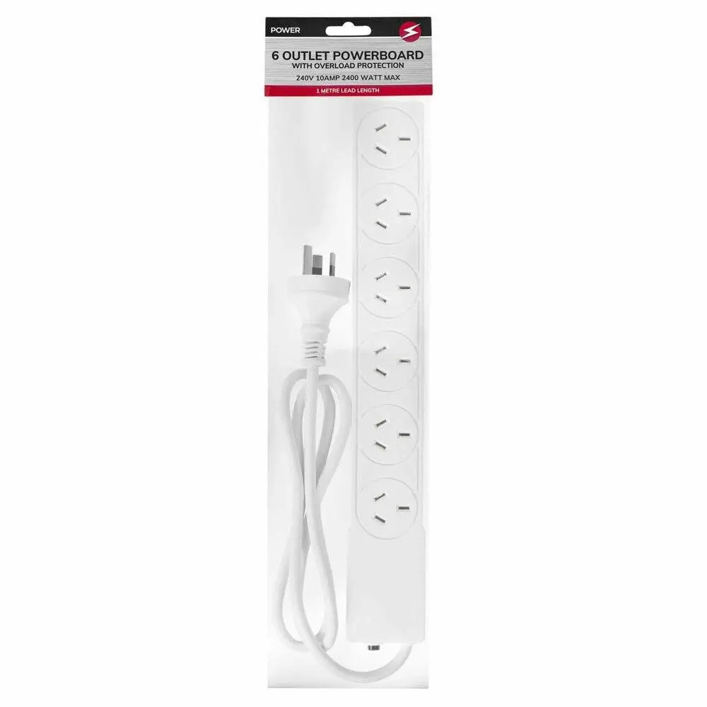 Power 6 Outlet Powerboard 1m Lead Extension Power Board Strip Cord/Socket White - Electronics