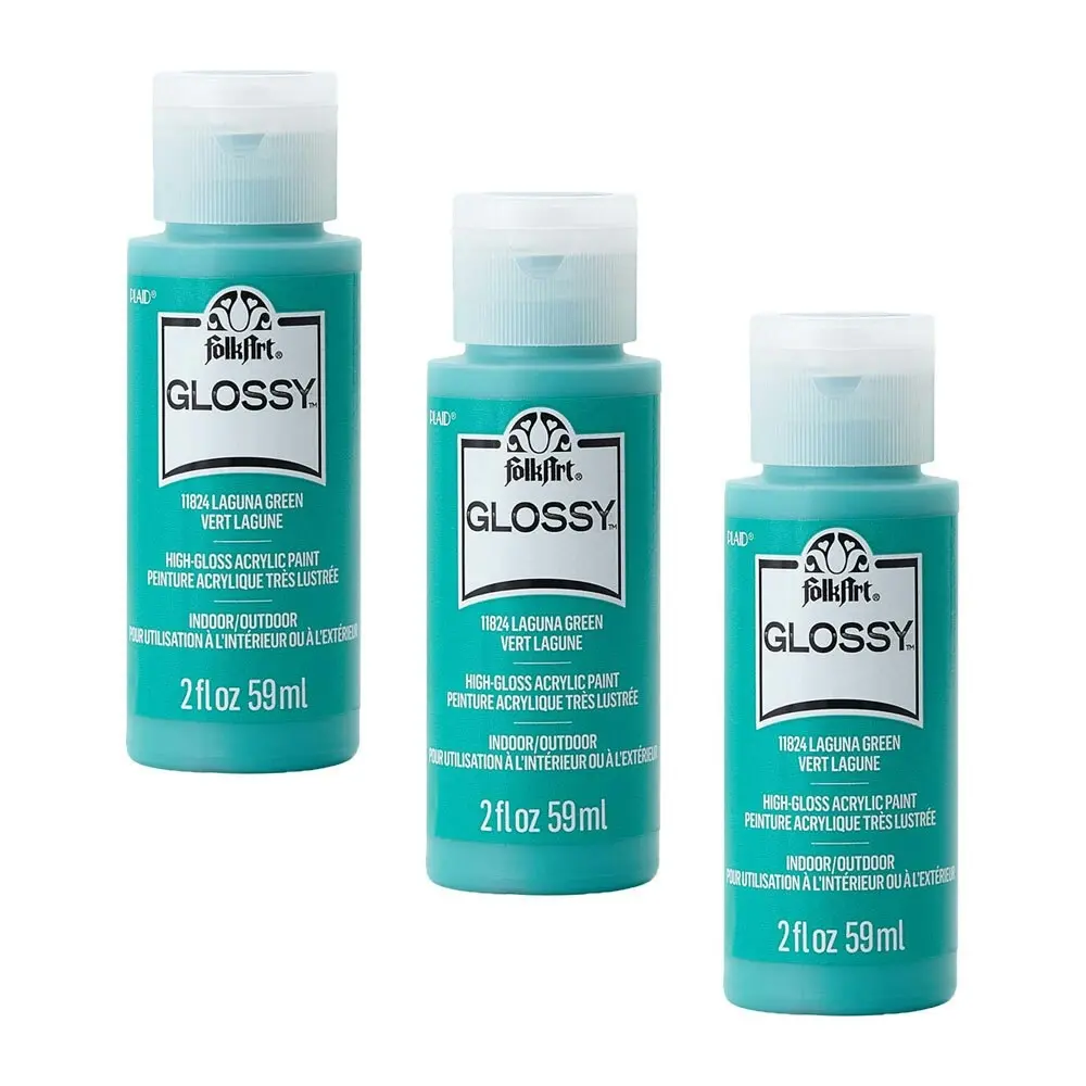 3x Plaid FolkArt Premium 59ml Acrylic Art Paint Laguna Green Glossy Shine Finish - Hobbies