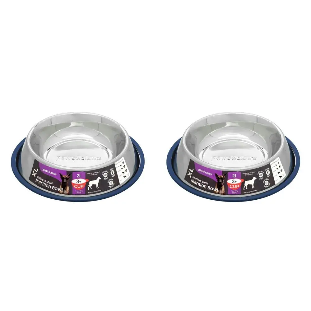 2x Paws & Claws Anti-Skid 2L Stainless Steel Pet/Dog Nutrition Bowl Feeder Blue