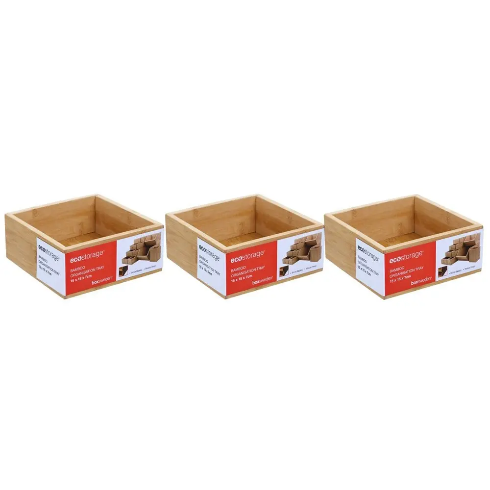 3x Boxsweden 15cm Bamboo Organisation Tray/Home Wood Modular Storage Container - Home & Garden
