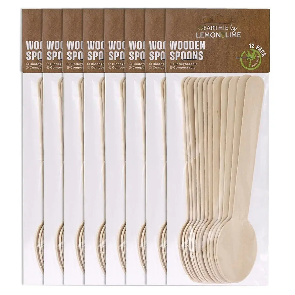 96pc Lemon & Lime Eco 15.5cm Disposable Dinner Wooden Spoons Cutlery Catering - Hobbies
