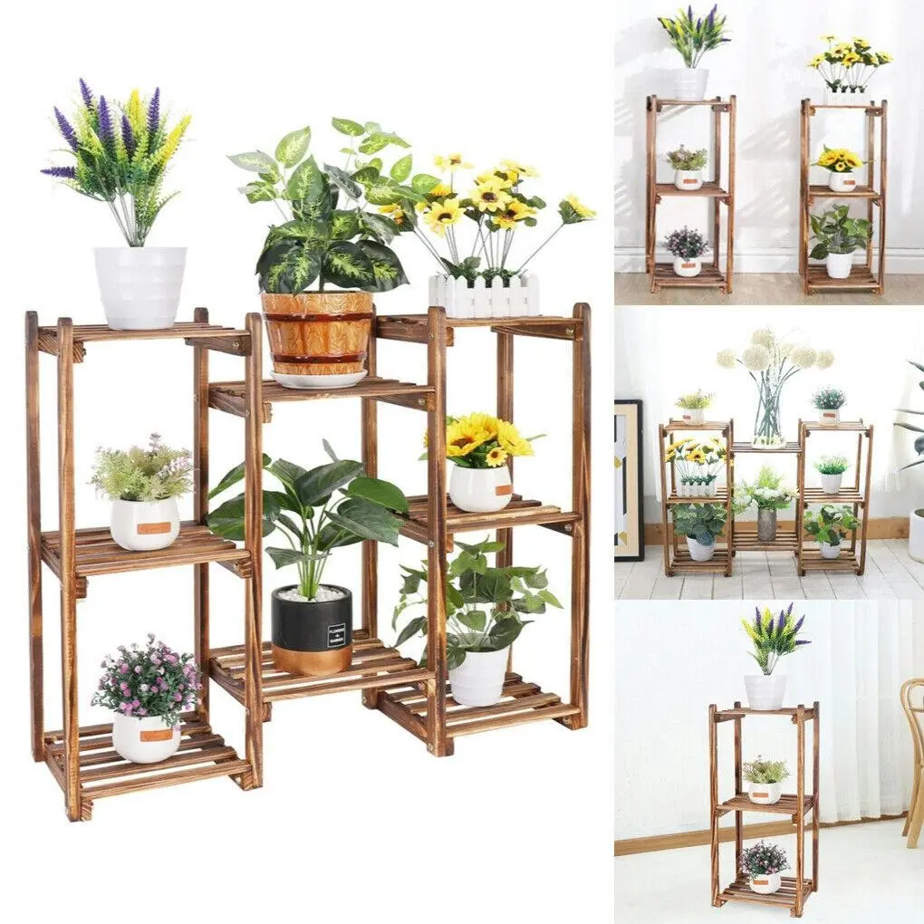 Multi-Tiered Wood Plant Stand Cabinets Flower Pot Display Rack Indoor Outdoor