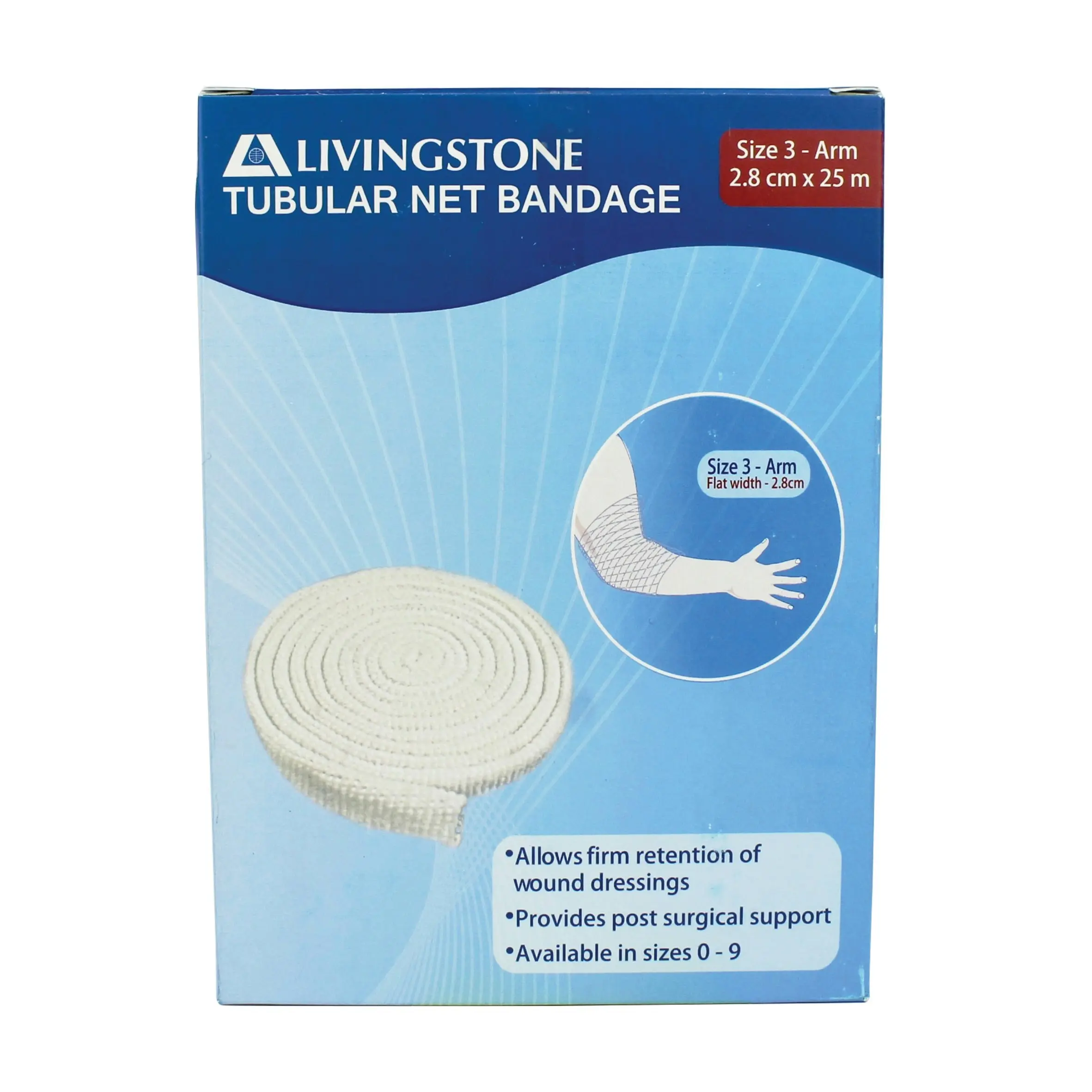 Livingstone Tubular Net Bandage Size D No. 3 Arm/Elbow Flat Width 28mm 7.5m (unstretched) 25m (stretched) - Health
