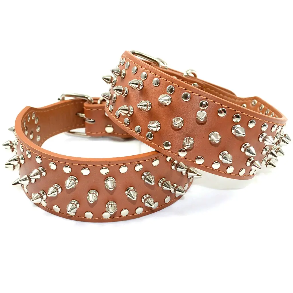Large Breed Dog Leather Collar Nickel Plated Spikes Adjustable Collar Brown M - Pets