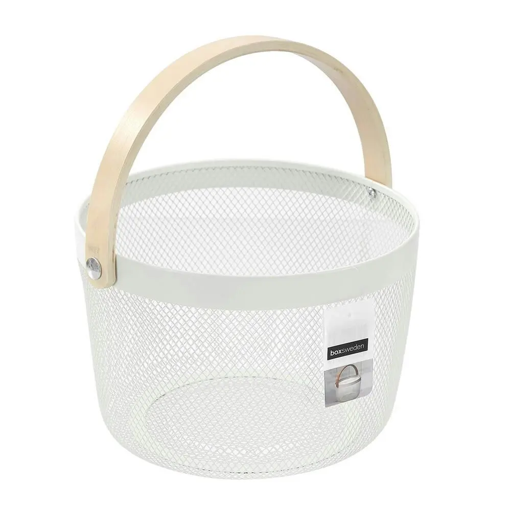 Boxsweden 26x18cm Mesh Round Home Storage Basket w/ Wood Handle Organiser White - Home & Garden