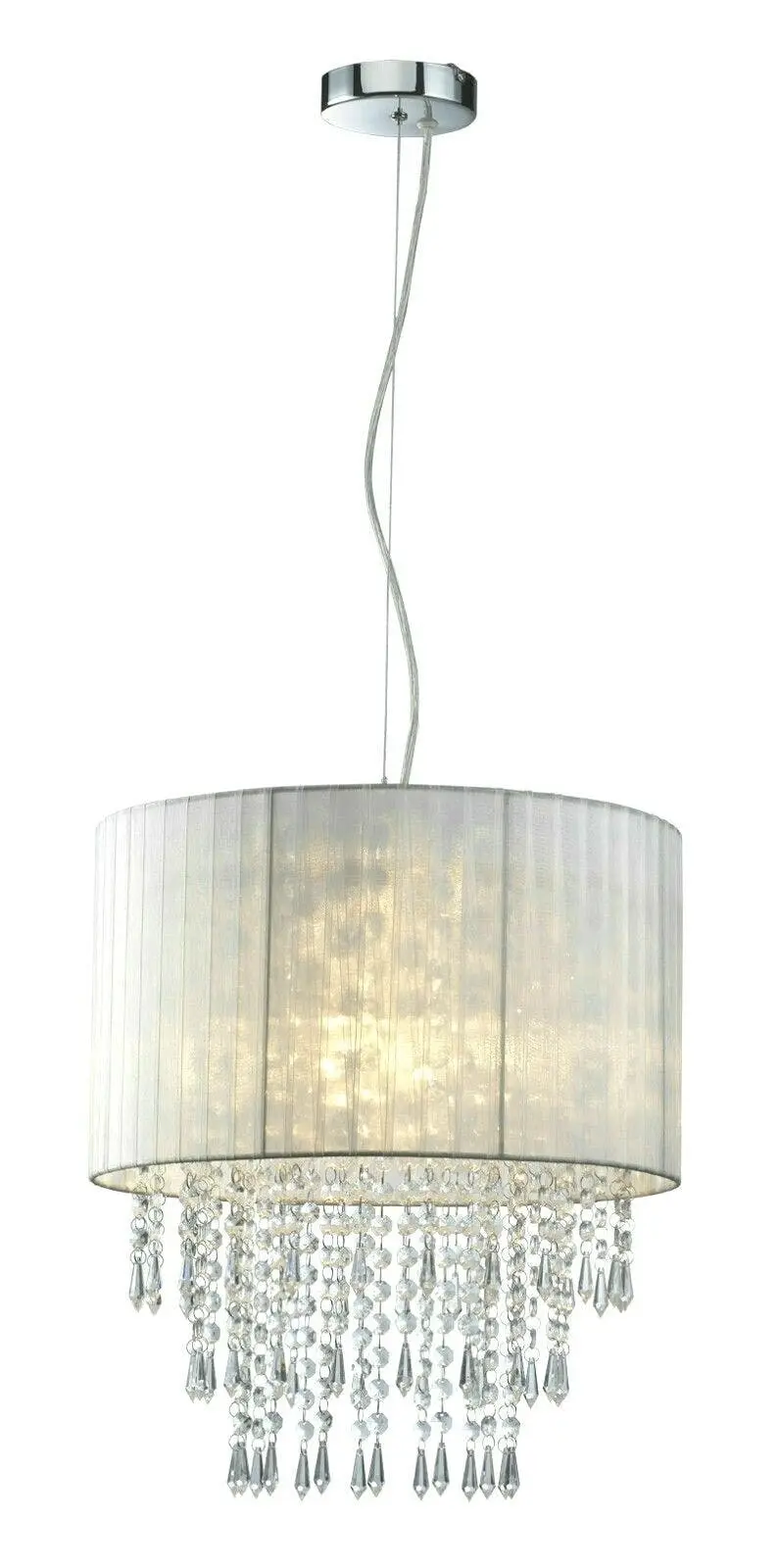 Fin White Organza & Hanging Beaded Ceiling Lamp Light Fitting Adjustable Height - Home & Garden