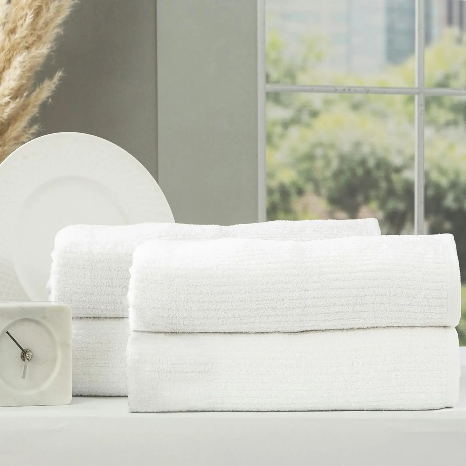 4pc Renee Taylor Cobblestone Bath Towel/Sheet 650 GSM 160cm Cotton Ribbed White - Home & Garden