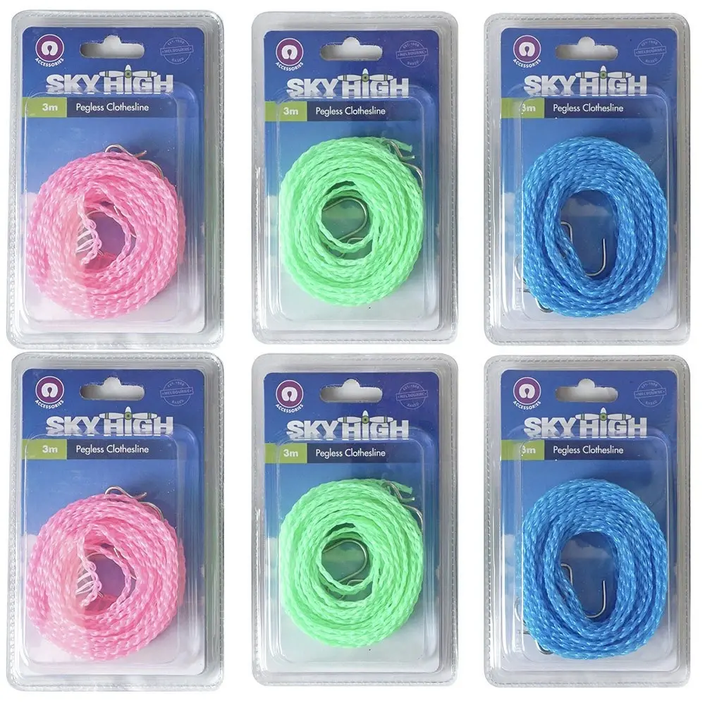 6x Sky High Travel Pegless Rope Lightweight Clothes Line Assorted Colours - Fashion