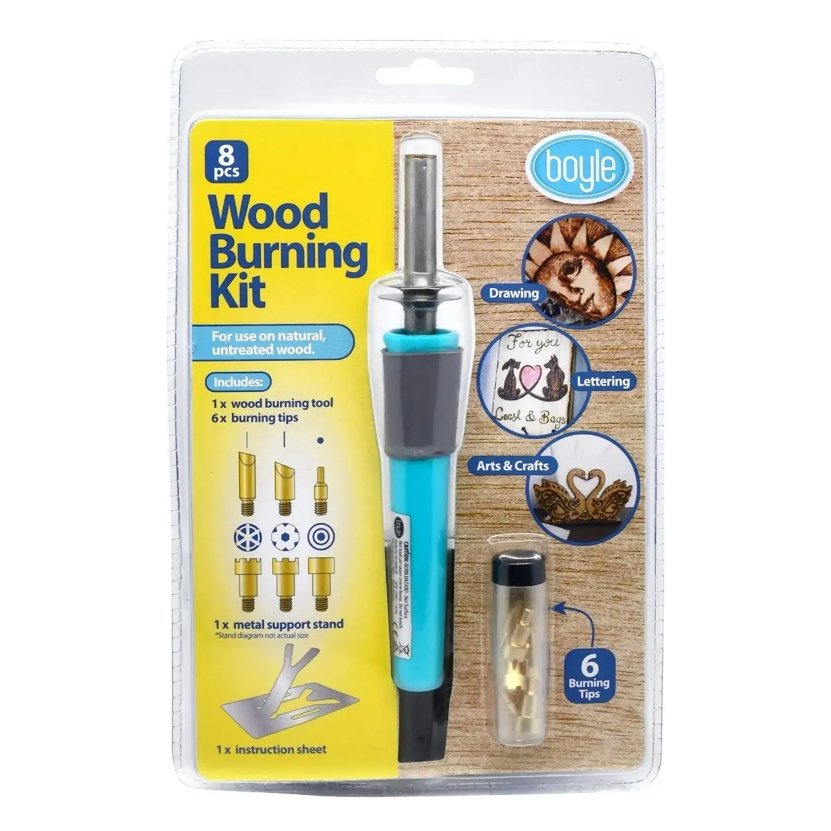 Boyle Wood Burning Pen Tool Pyrography Arts/Craft Kit w/ 6x Tips/Metal Stand - Hobbies