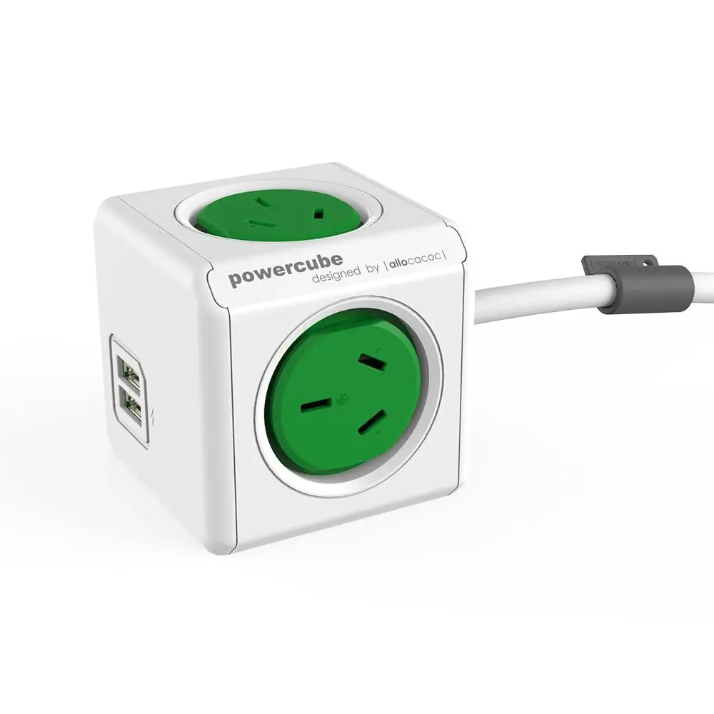 Green PowerCube 4 Socket Mountable Power Board w/3m Cord/Dual USB Charger 240v - Electronics