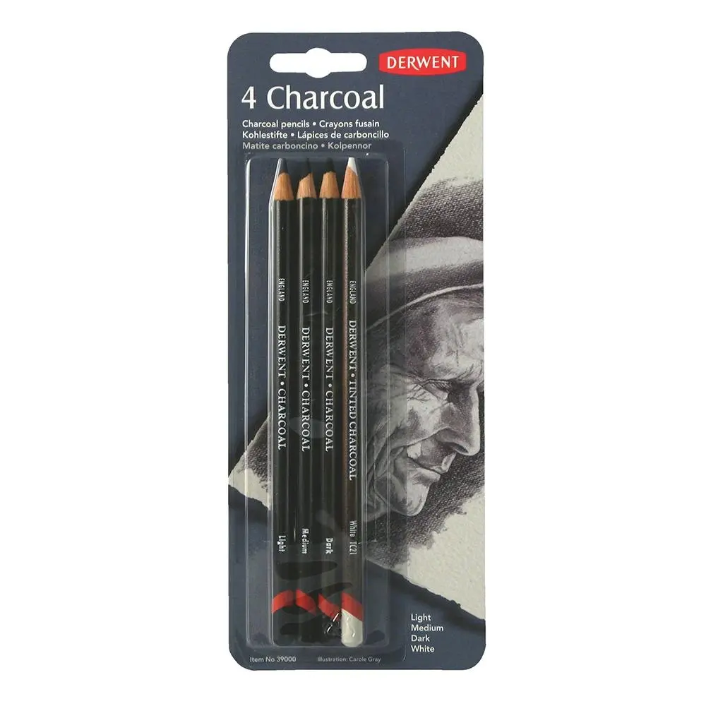 4pc Derwent Art/Craft Charcoal Sketching Pencil White/Light/Medium/Dark Set - Office
