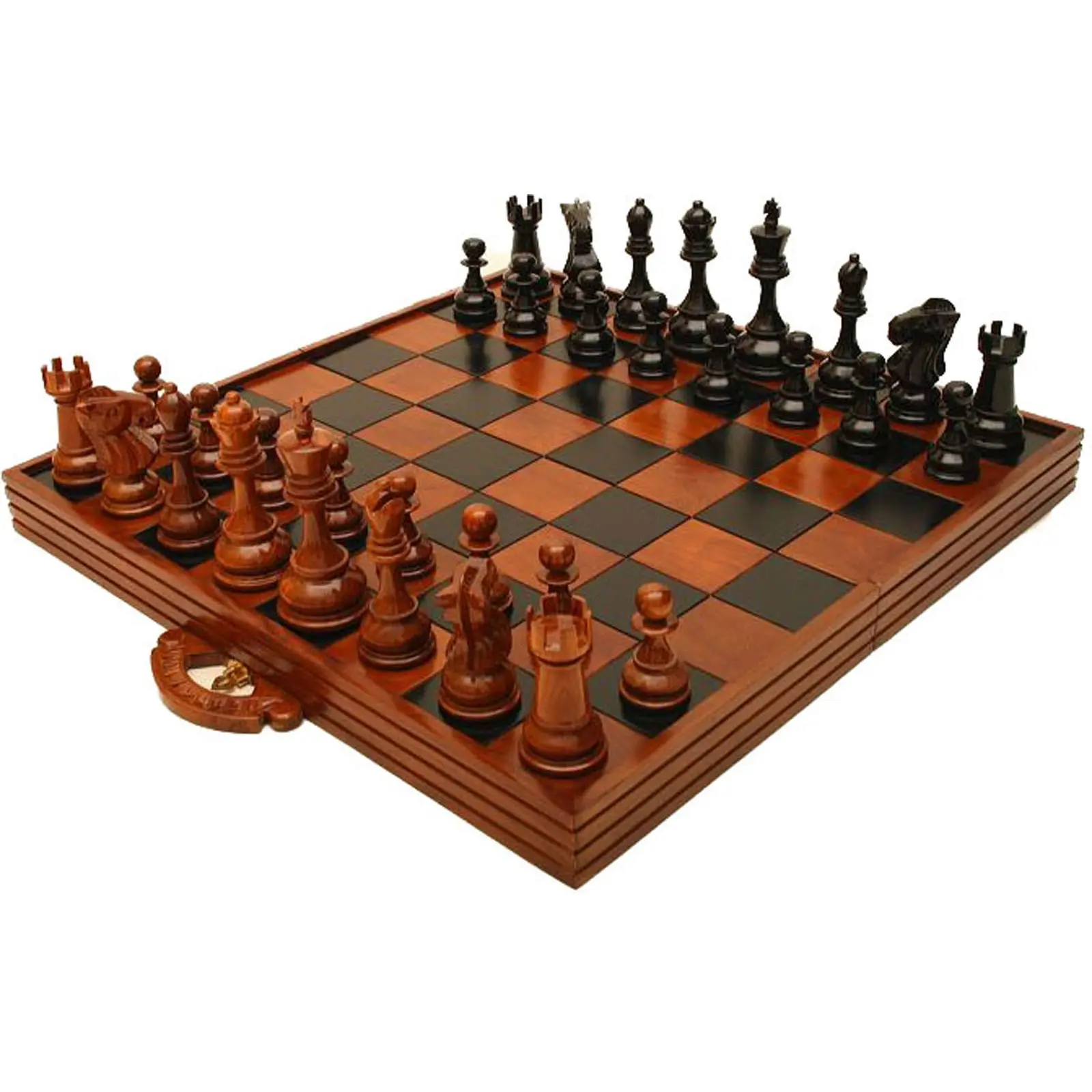 Teak Chess Case and 20cm Chess Pieces. - Toys & Games