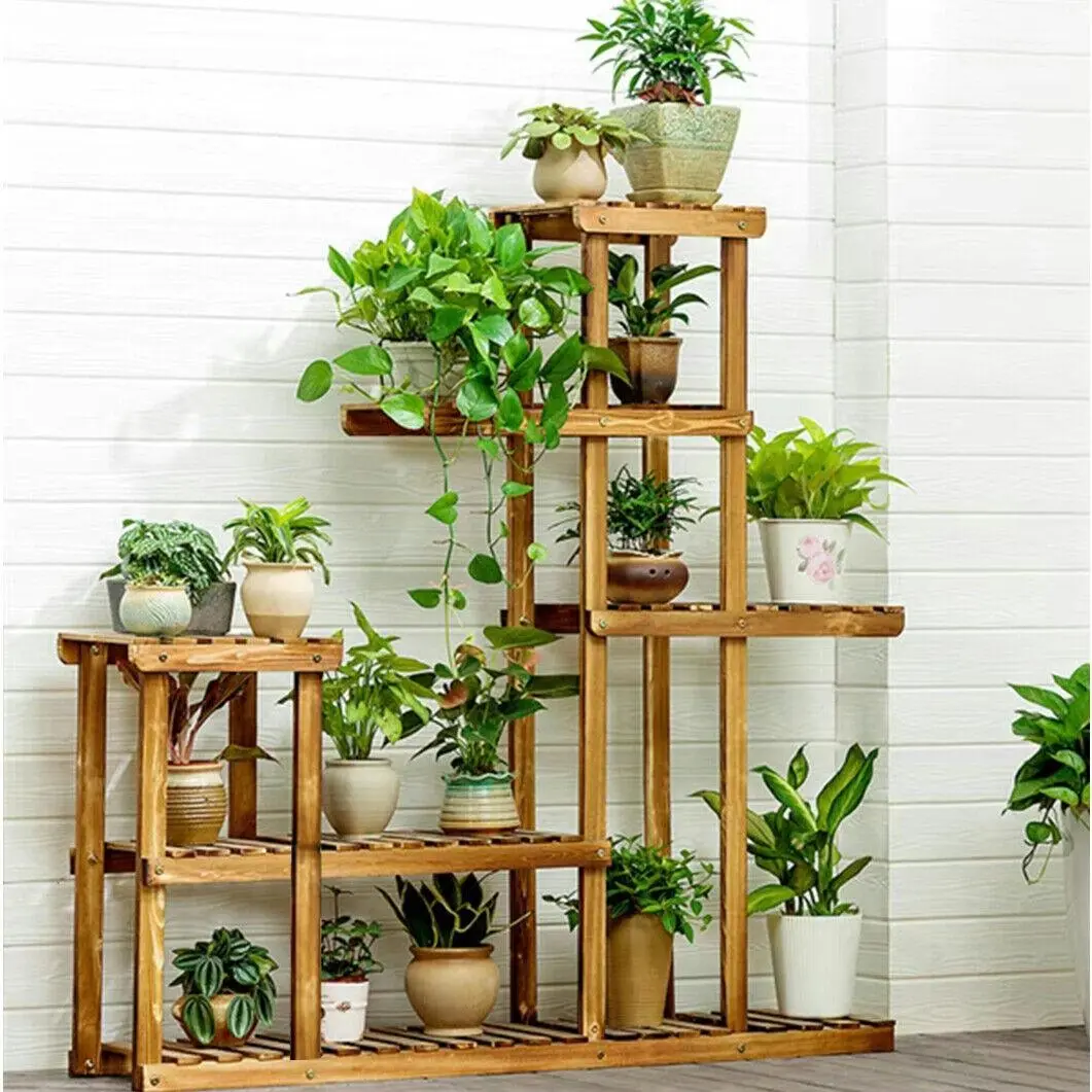 Fin Upgrade Wooden Flower Pot Plant Stand Outdoor Indoor 6 Tier Rack Bonsai Display - Home & Garden