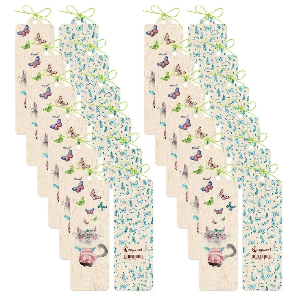 12x Cozywood Wooden Bookmark 4.5x14cm w/ Waxed Ribbon Pussycat and Butterflies - Office