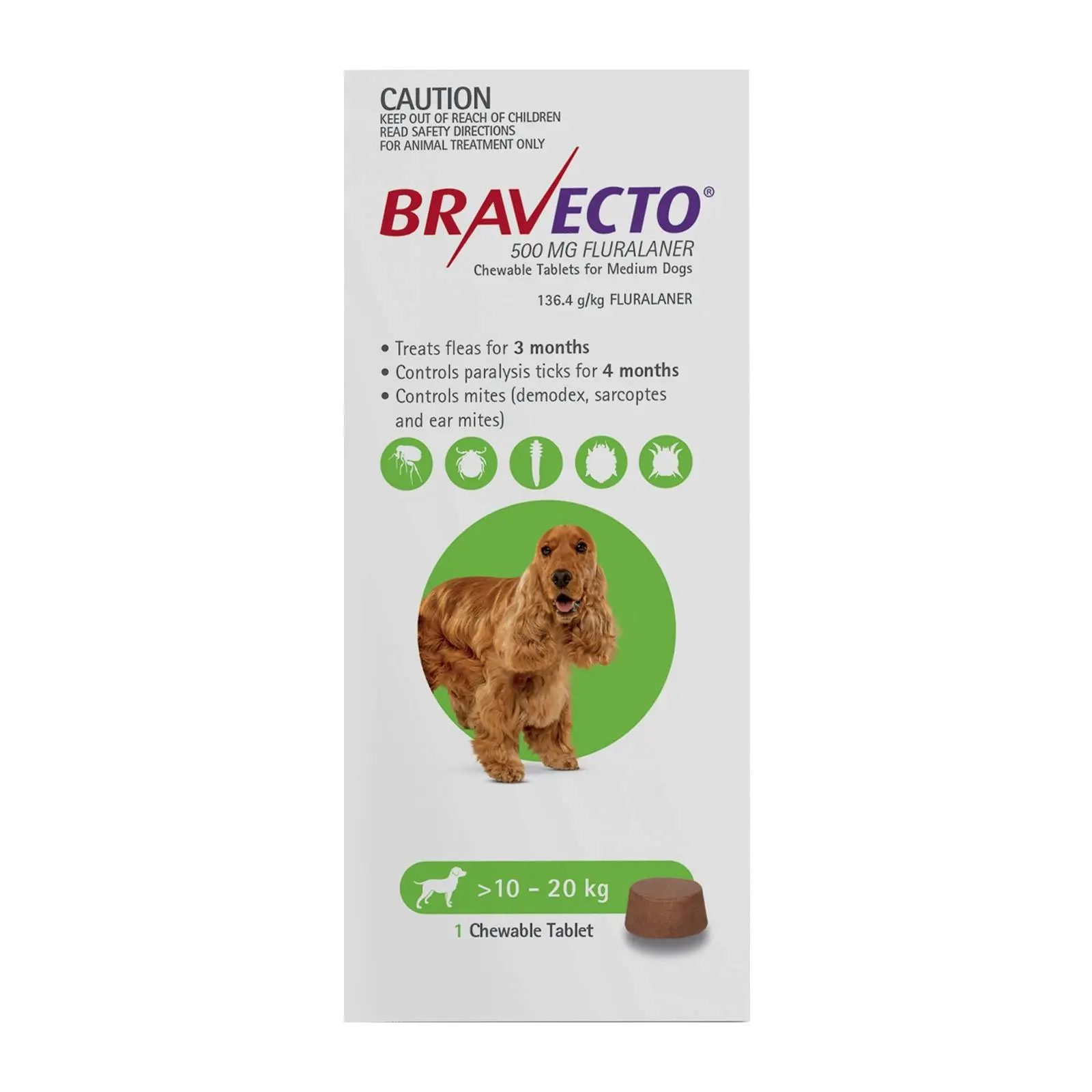 BRAVECTO For Medium Dogs 10-20Kg (Green) 2 Chews