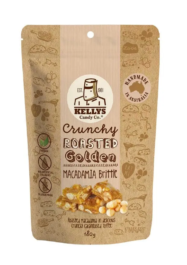 Kelly's Crunchy Roasted Golden Macadamia Brittle 180g - Groceries