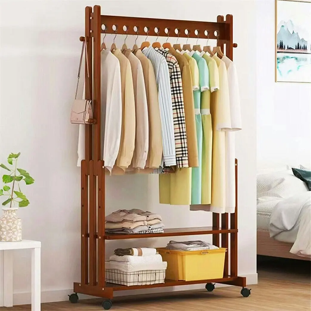 Fin Retro Wooden Clothes Rail Rack Garment Shoe Stand Open Wardrobe Removable Shelf - Home & Garden