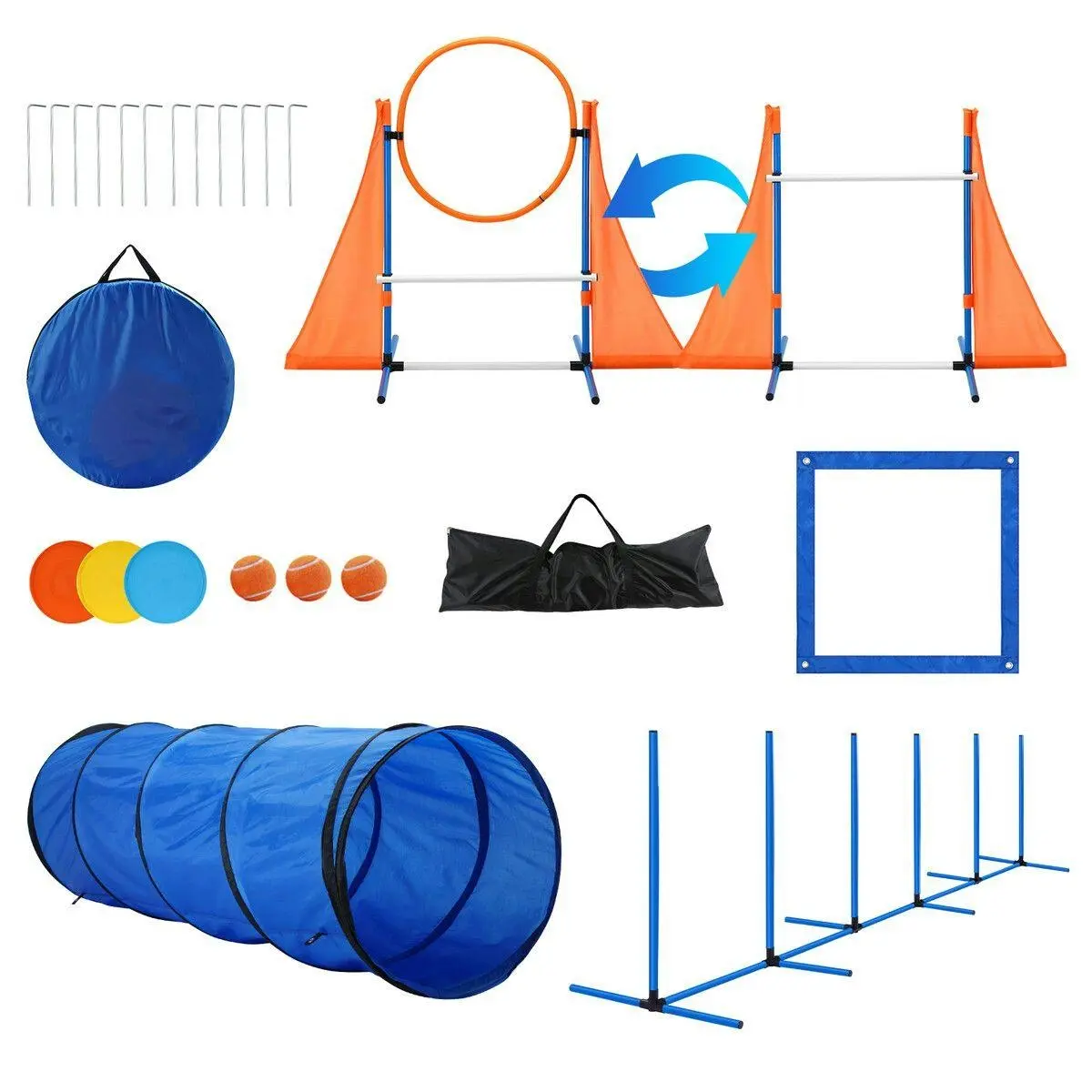 Pet Scene Dog Agility Equipment Obstacle Training Course 7 Set Pet Toys Supplies Hurdle Jump Tire Tunnel Pause Box Weave Poles Frisbees Balls Carry Bags - Pets