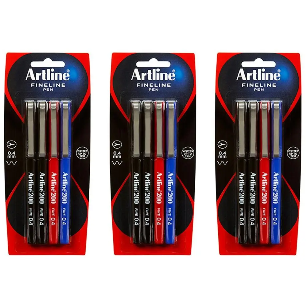3x 4pc Artline Fineline 200 Fine 0.4mm Width School Drawing Assorted Writing Pen - Back to School Specials