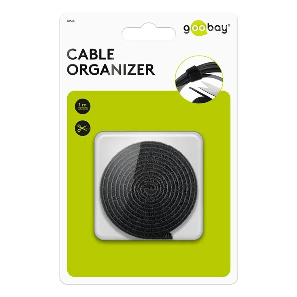Goobay 1m Cable Management Hook & Loop Organiser Storage Fastener Roll Black - Electronics