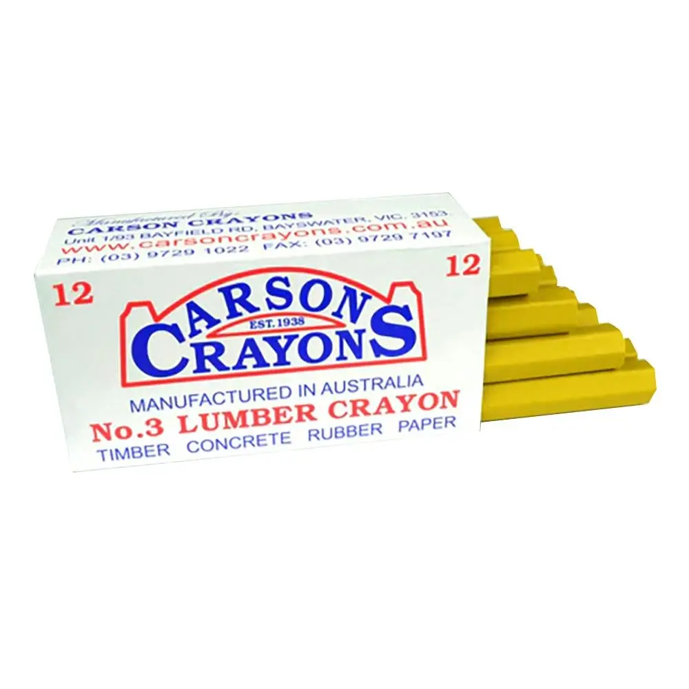 12x CARSON No.3 Timber/Concrete/Rubber/Paper Builders Marking Crayons Yellow - Hardware